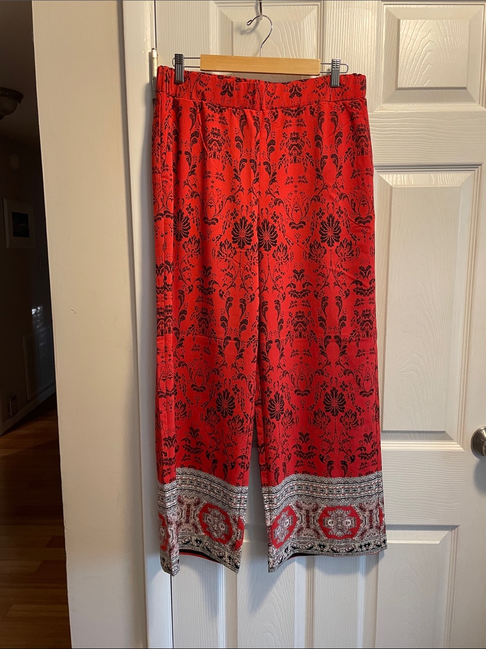 Red Patterned Wide-Leg Women's Pants